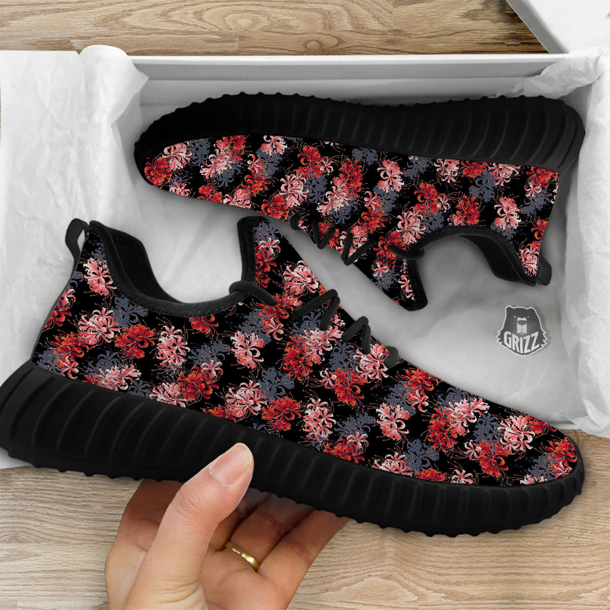 Cluster Amaryllis Japanese Print Pattern Black Walking Shoes-grizzshop
