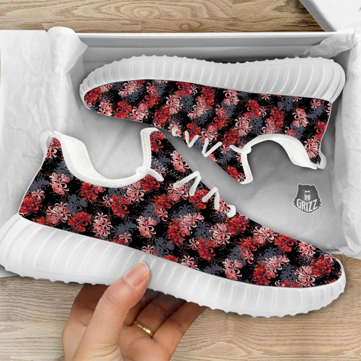 Cluster Amaryllis Japanese Print Pattern White Walking Shoes-grizzshop