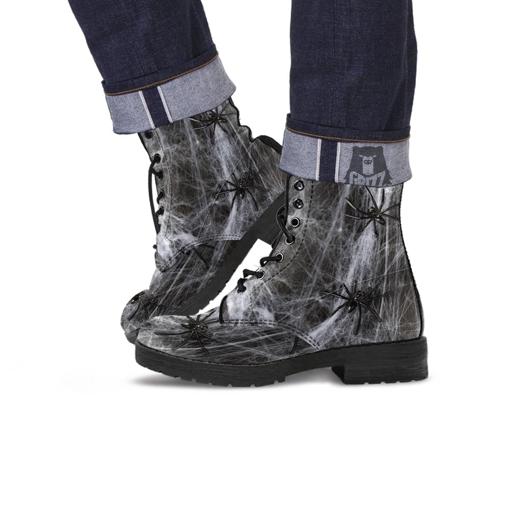 Cobweb And Toy Spiders Print Leather Boots-grizzshop