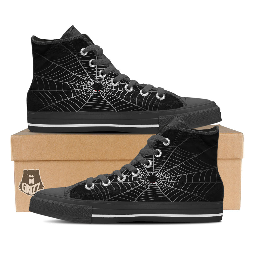 Cobweb White And Black Print Black High Top Shoes-grizzshop