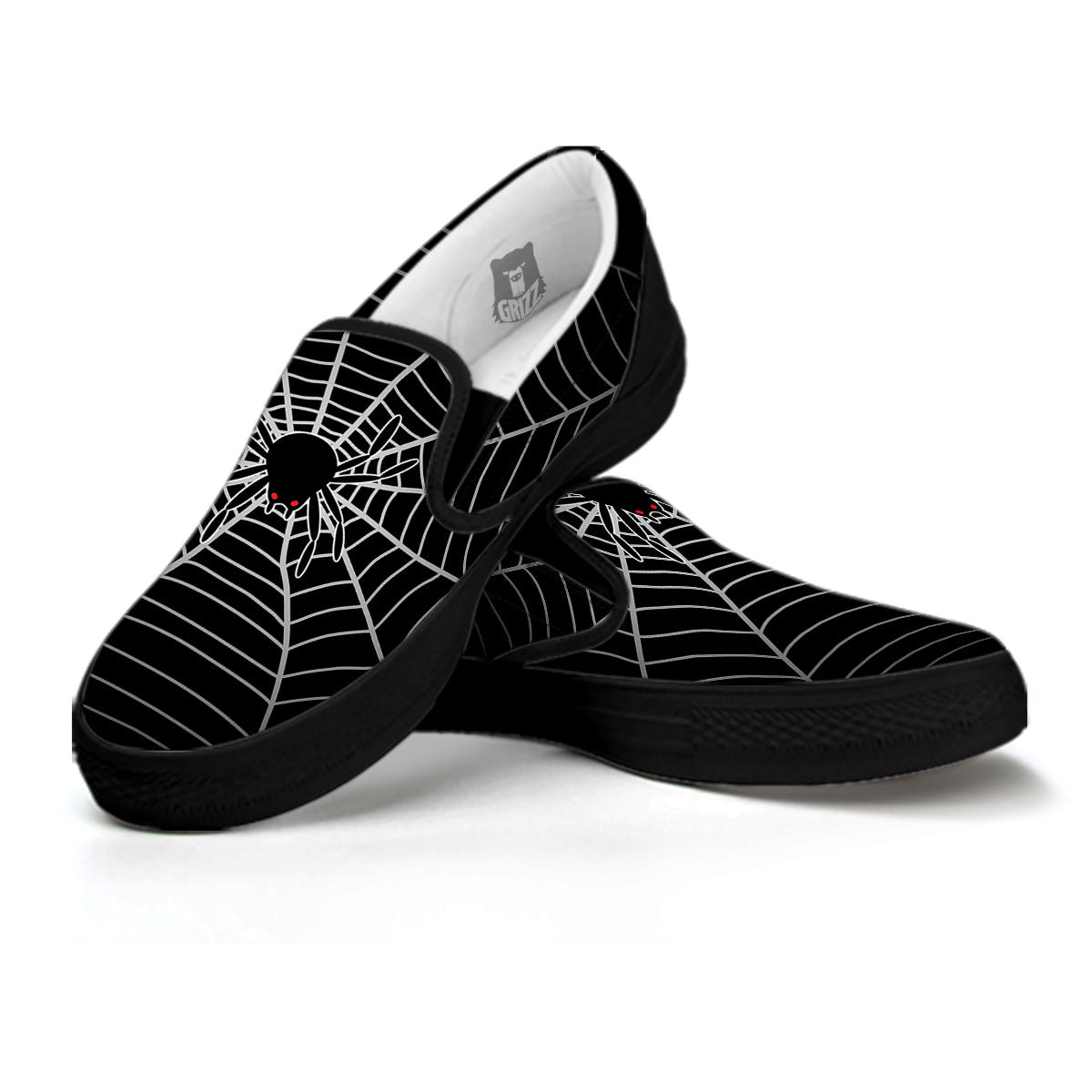 Cobweb White And Black Print Black Slip On Shoes-grizzshop
