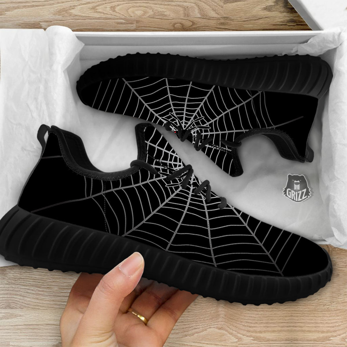 Cobweb White And Black Print Black Walking Shoes-grizzshop