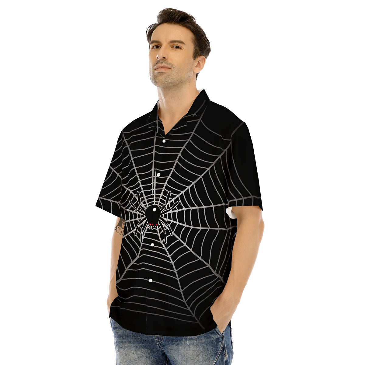 Cobweb White And Black Print Men's Hawaiian Shirt-grizzshop