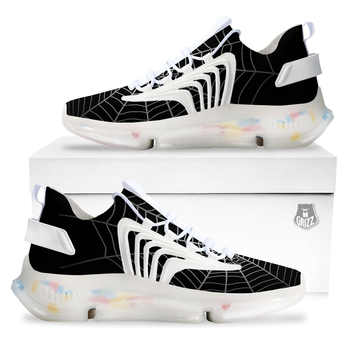 Cobweb White And Black Print White Gym Shoes-grizzshop