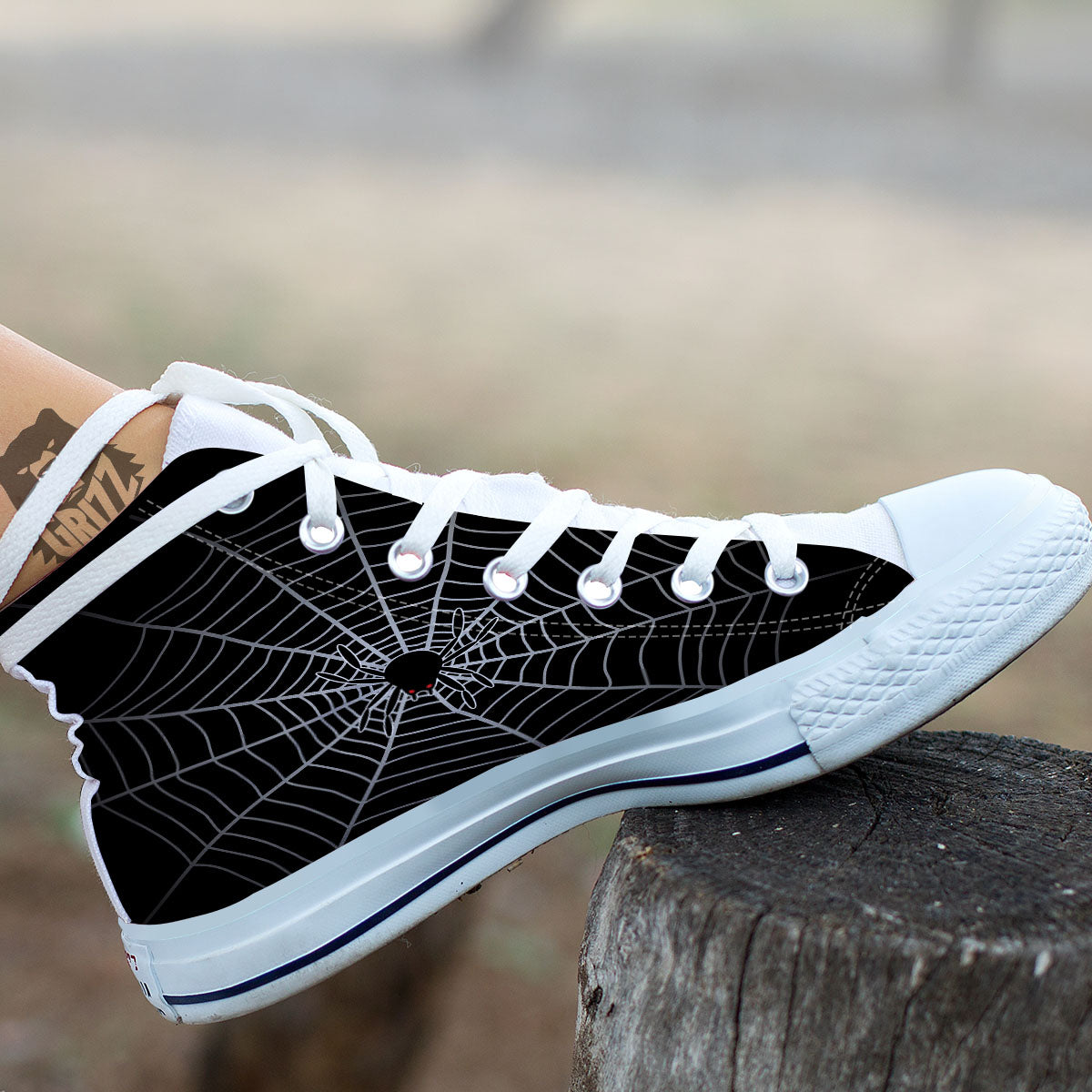 Cobweb White And Black Print White High Top Shoes-grizzshop