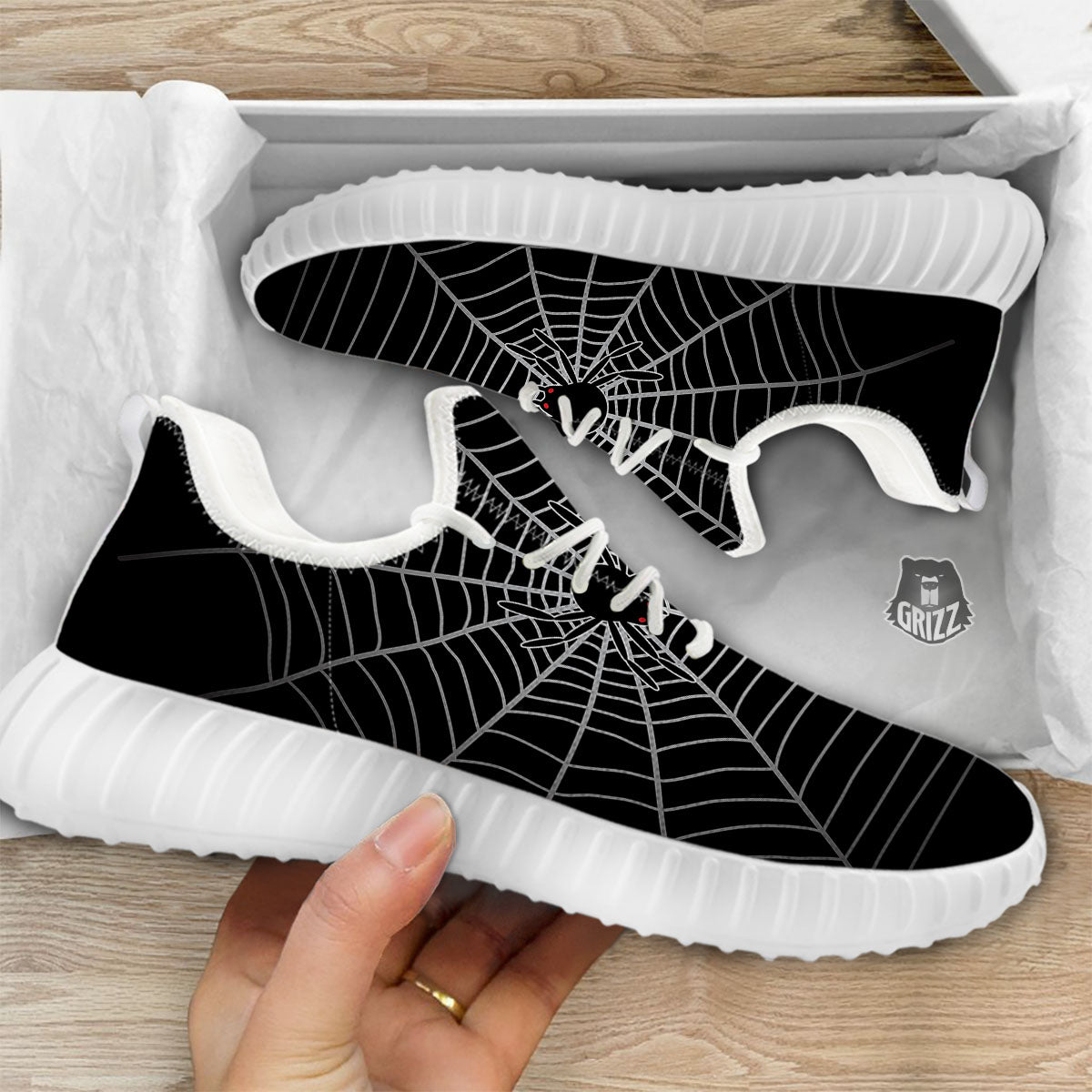 Cobweb White And Black Print White Walking Shoes-grizzshop