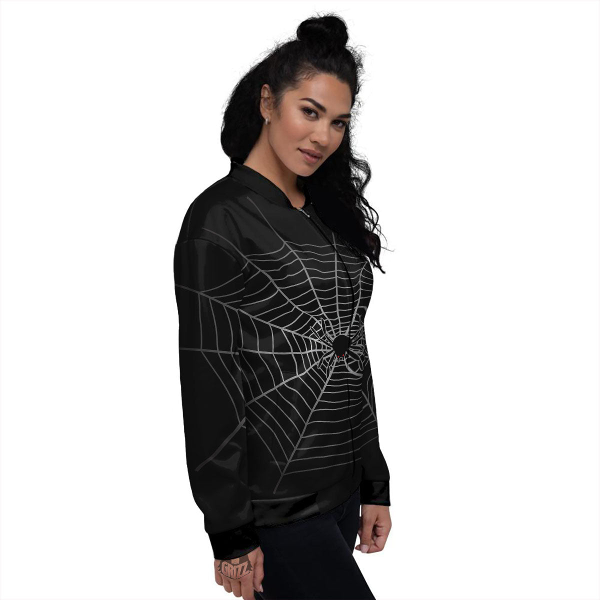 Cobweb White And Black Print Women's Bomber Jacket-grizzshop