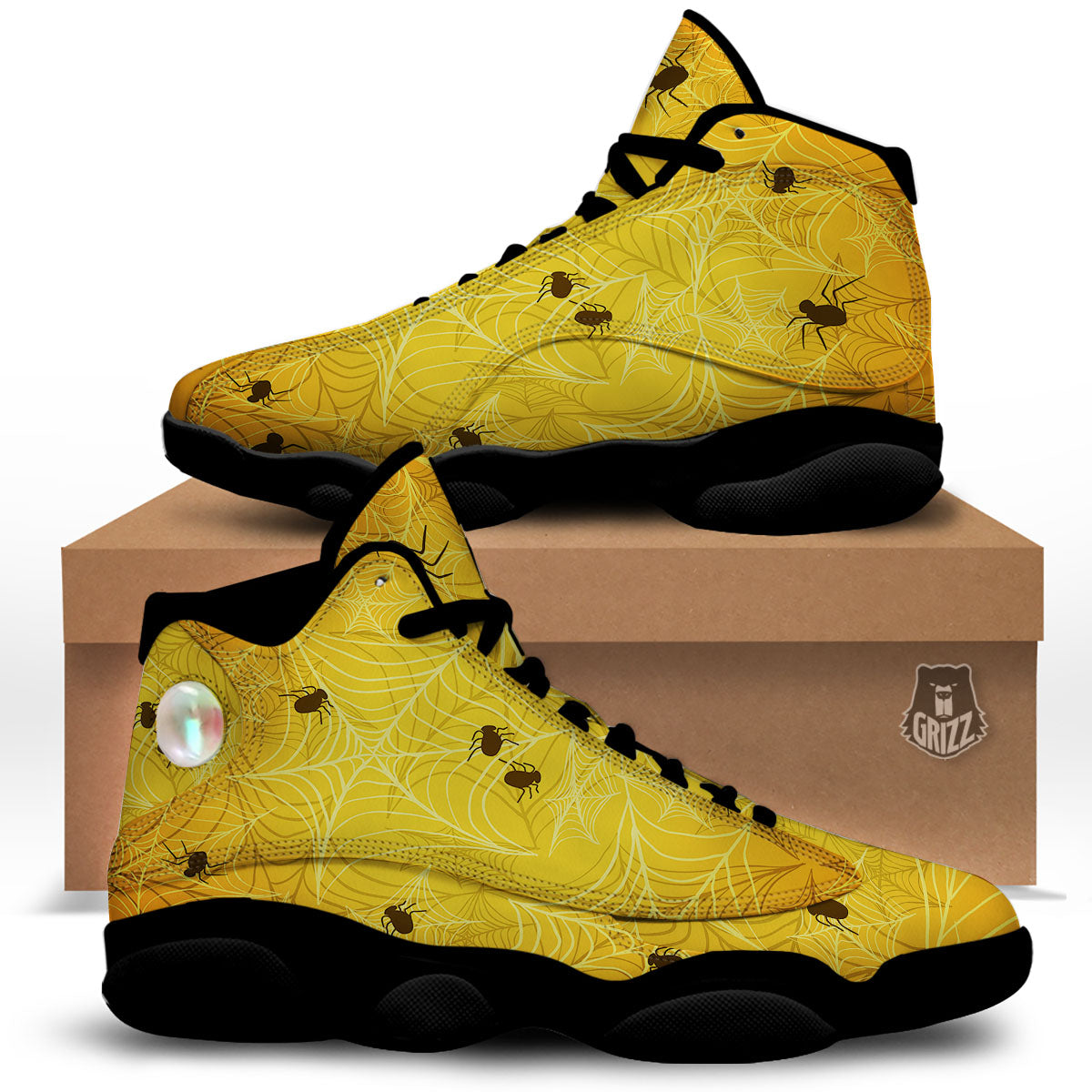 Cobweb Yellow Print Black Basketball Shoes-grizzshop