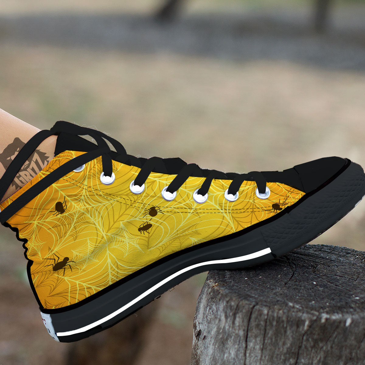 Cobweb Yellow Print Black High Top Shoes-grizzshop