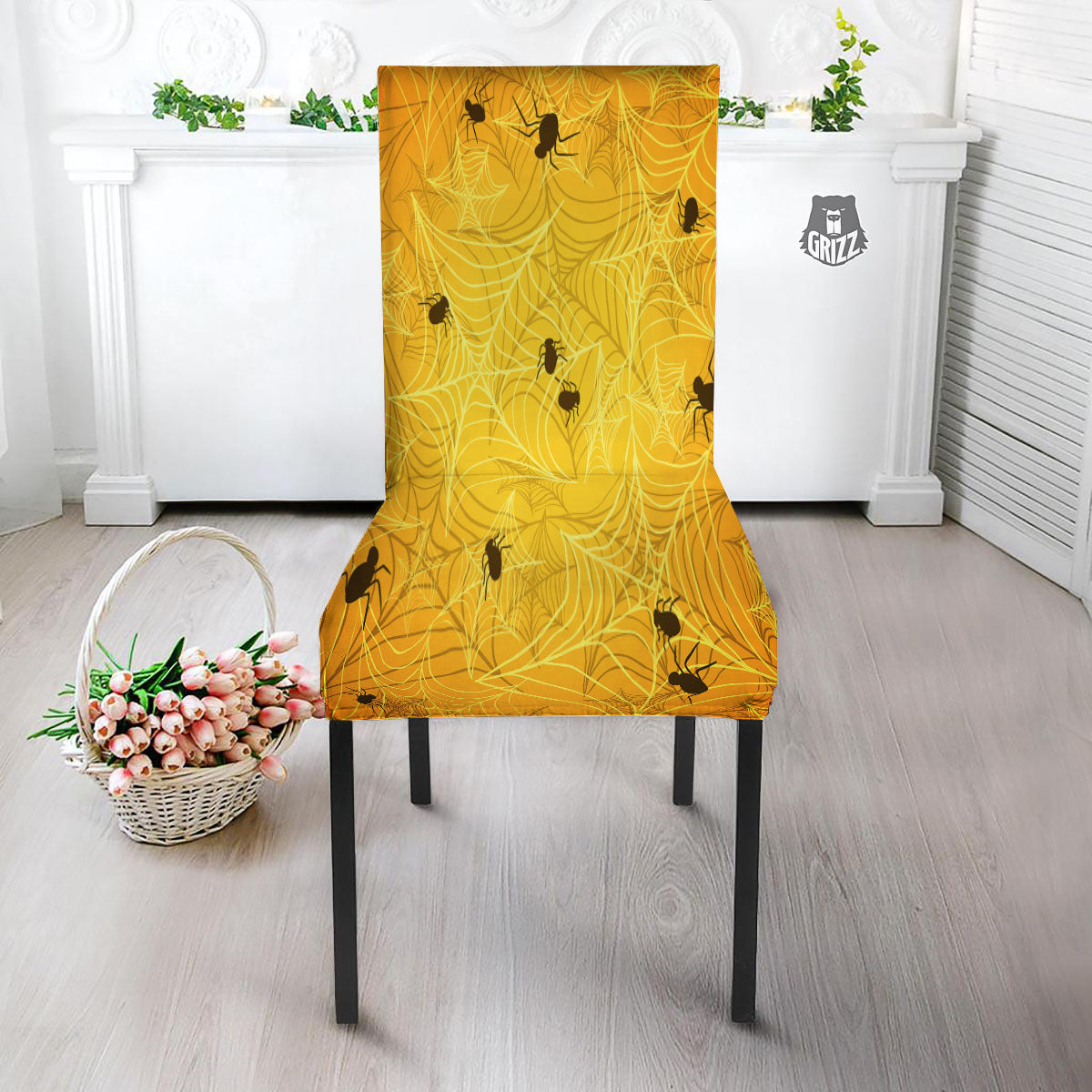 Cobweb Yellow Print Dining Chair Slipcover-grizzshop