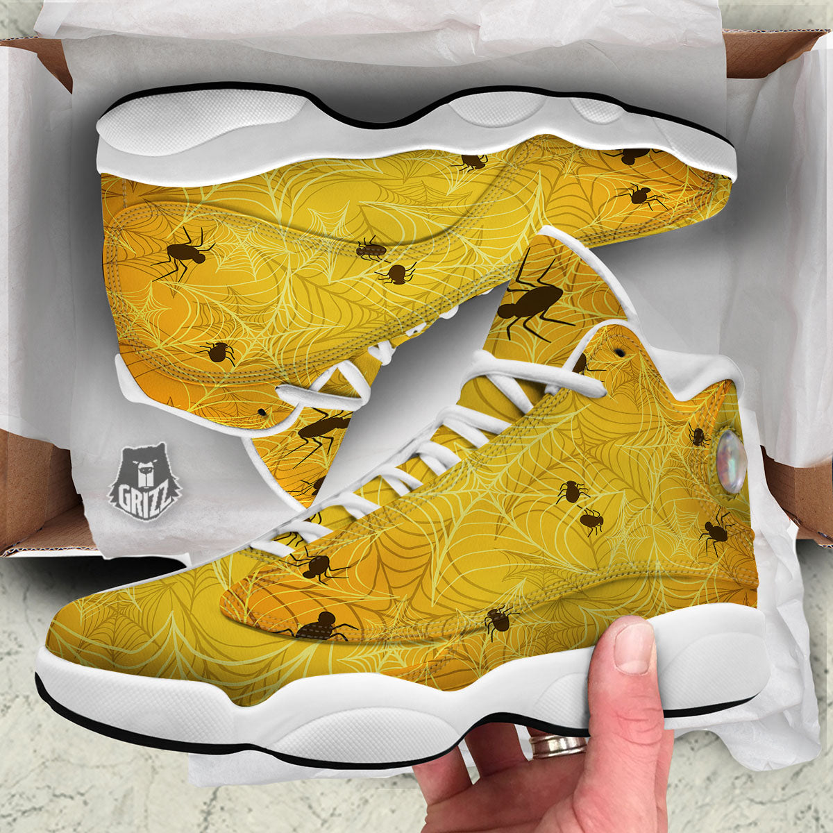 Cobweb Yellow Print White Basketball Shoes-grizzshop