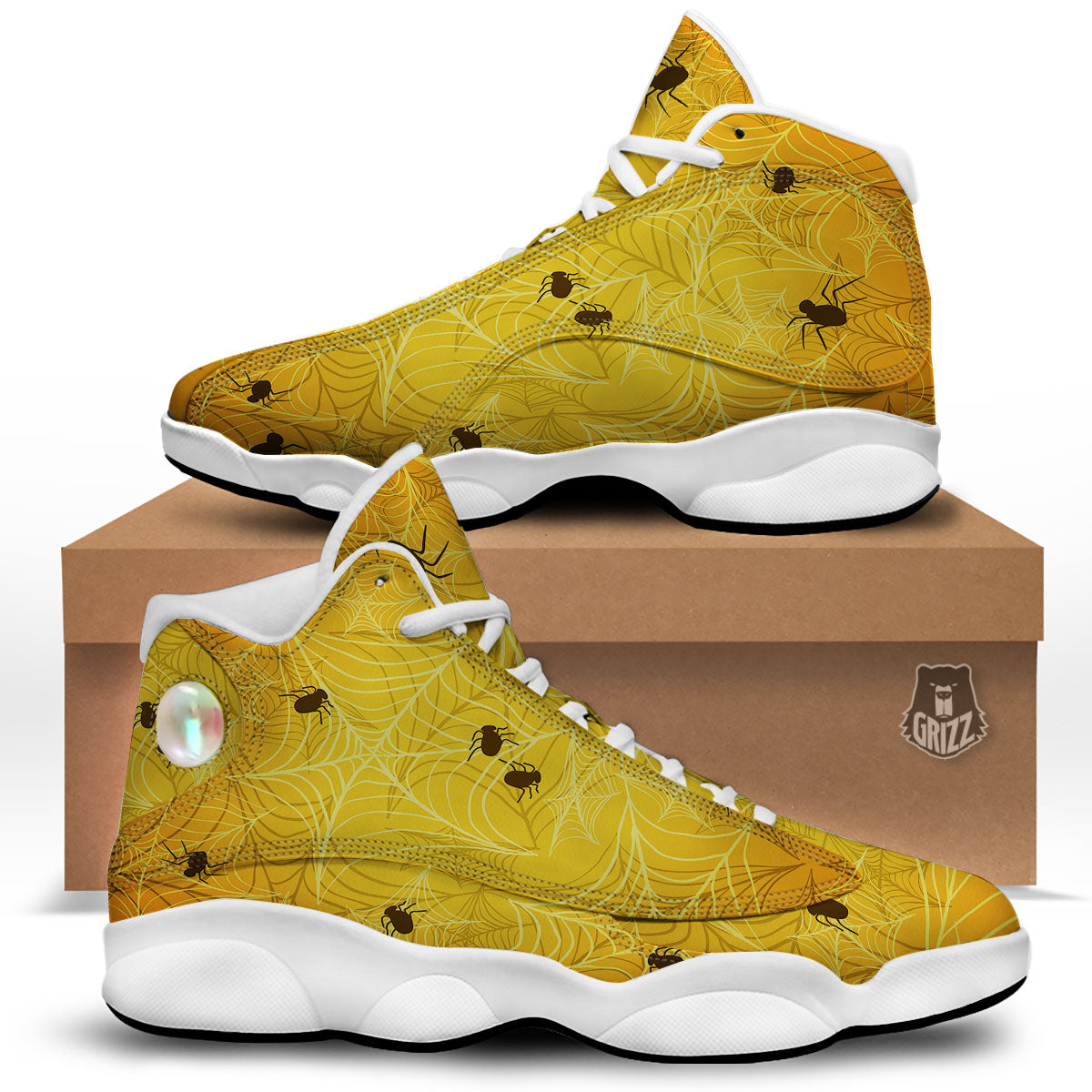 Cobweb Yellow Print White Basketball Shoes-grizzshop