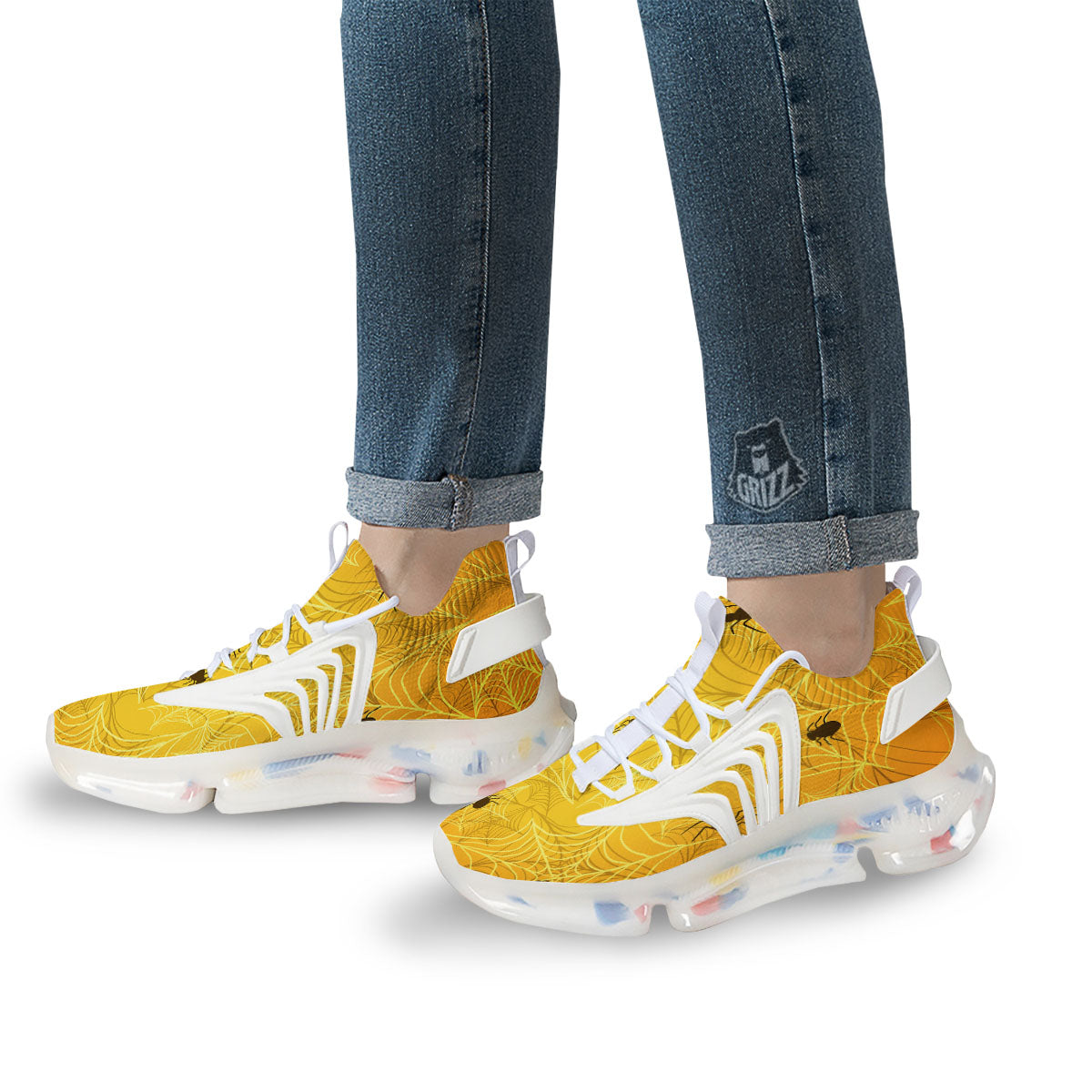 Cobweb Yellow Print White Gym Shoes-grizzshop