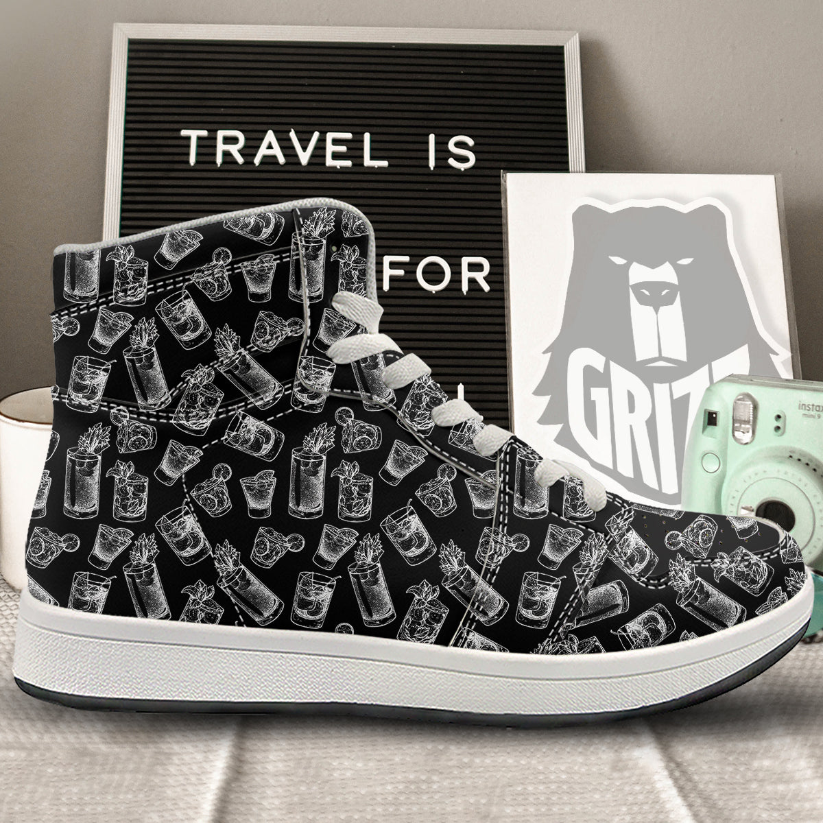 Cocktail Black And White Doodle Print Pattern High Top Sneakers-grizzshop