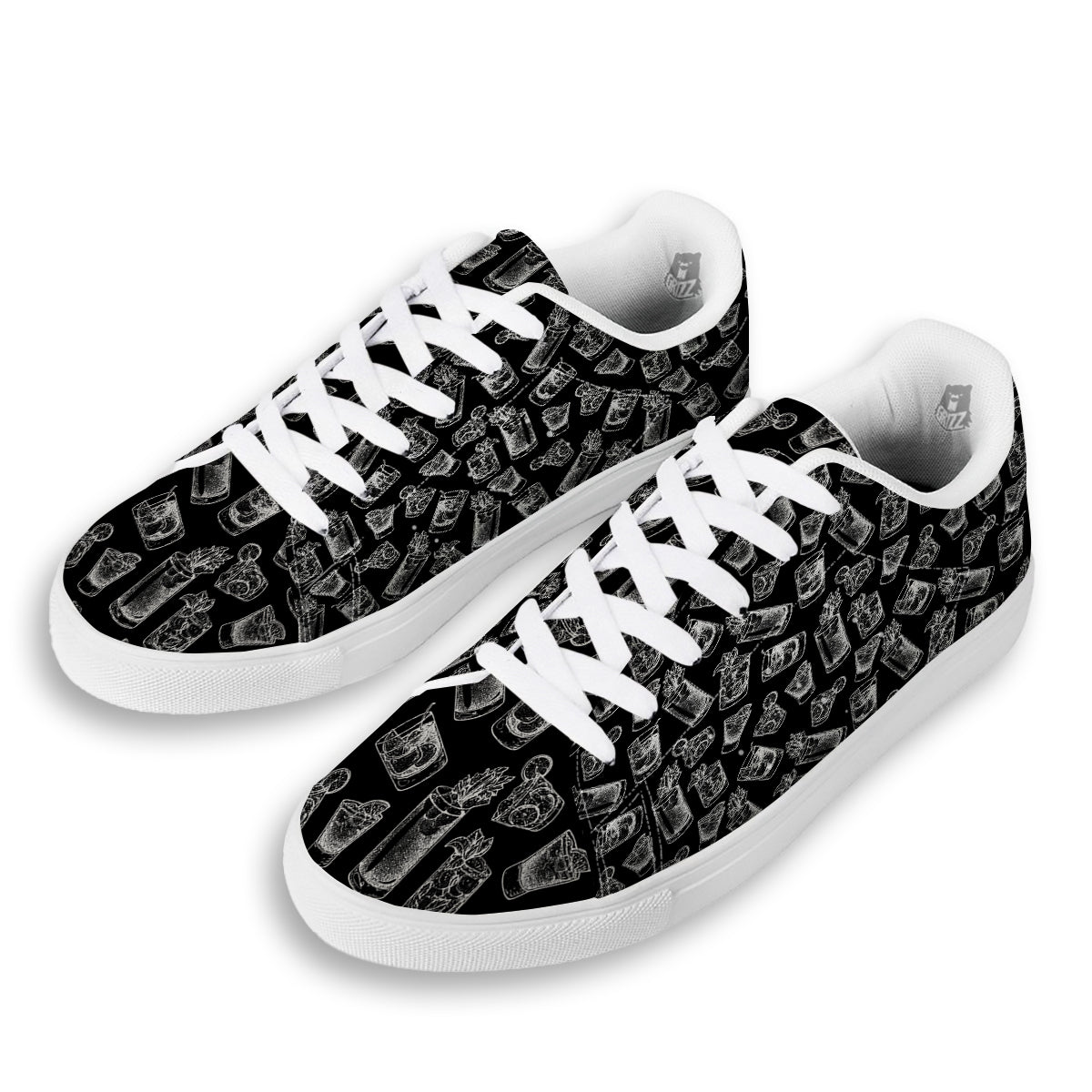 Cocktail Black And White Doodle Print Pattern White Low Top Sneakers-grizzshop