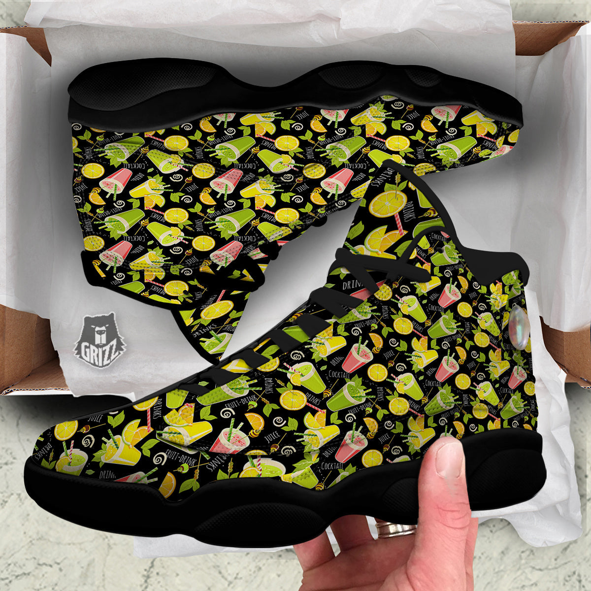 Cocktail Lemon Print Pattern Black Basketball Shoes-grizzshop