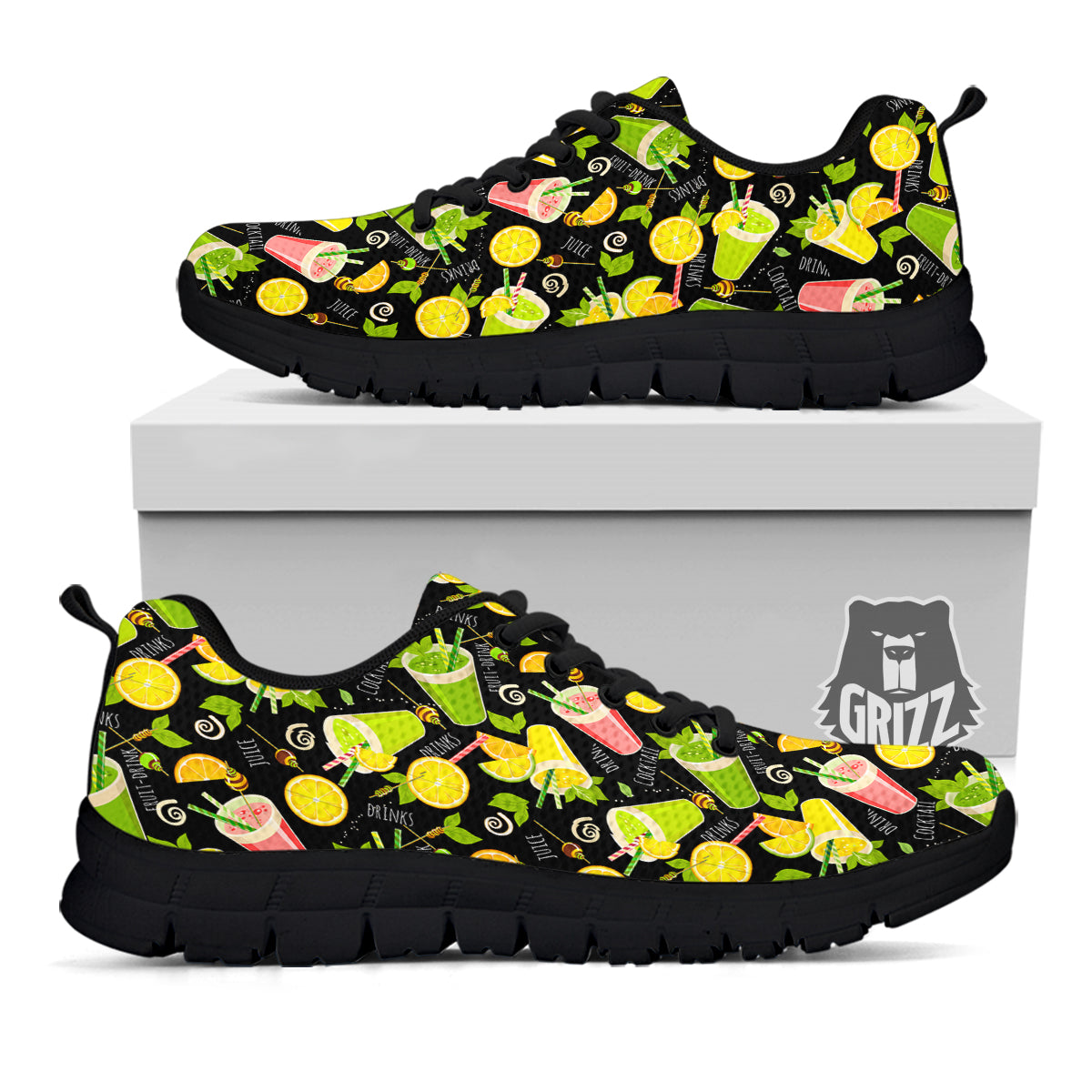 Cocktail Lemon Print Pattern Black Sneaker-grizzshop