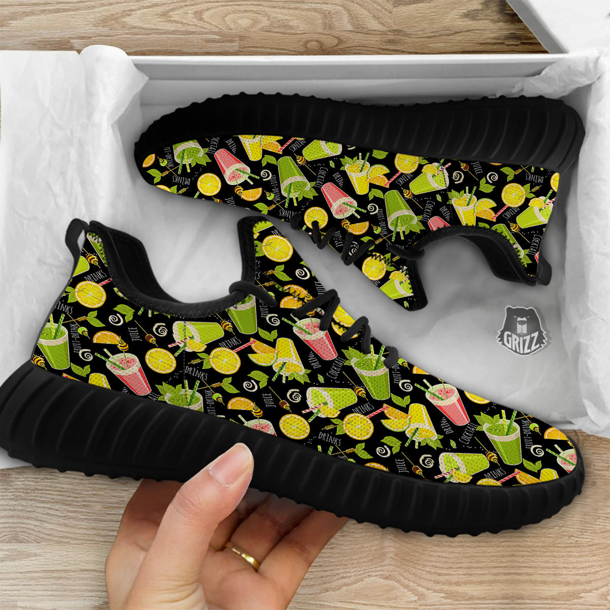 Cocktail Lemon Print Pattern Black Walking Shoes-grizzshop