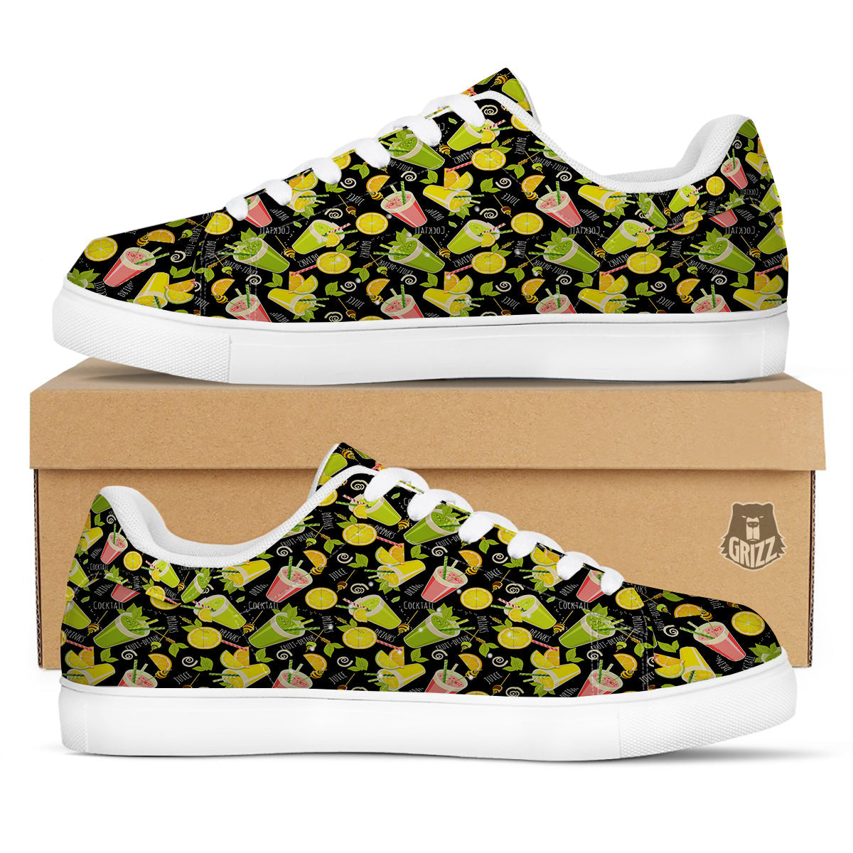 Cocktail Lemon Print Pattern White Low Top Sneakers-grizzshop