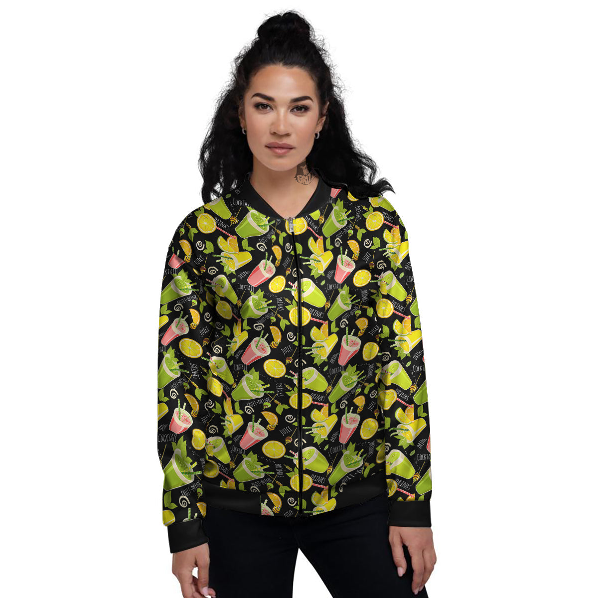 Cocktail Lemon Print Pattern Women's Bomber Jacket-grizzshop
