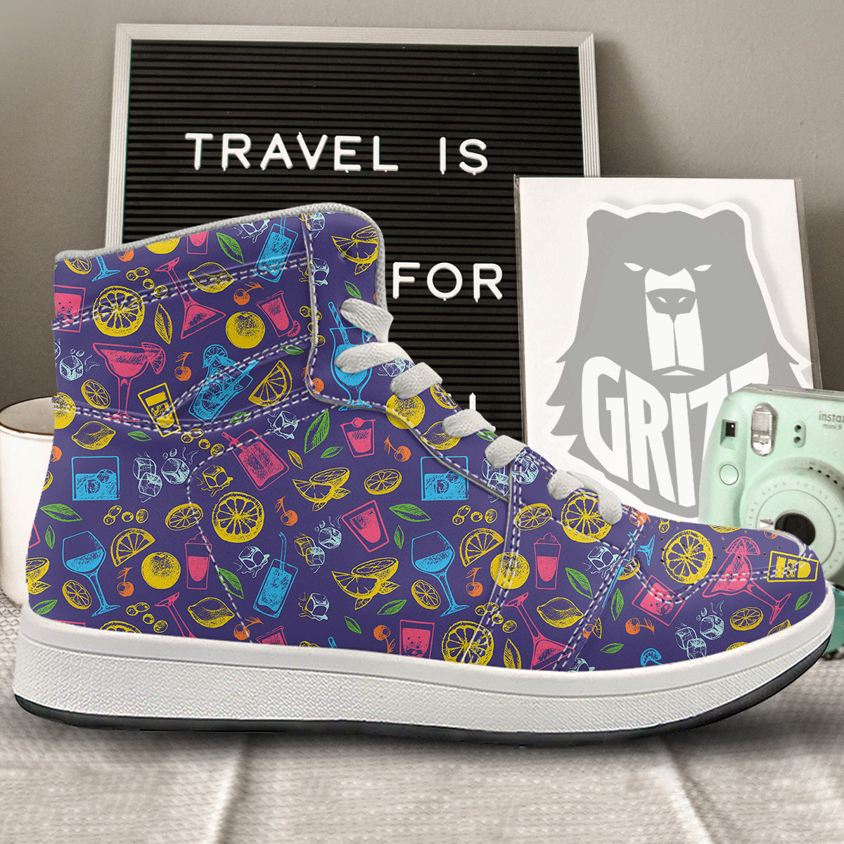 Cocktail Watercolor Print Pattern High Top Sneakers-grizzshop