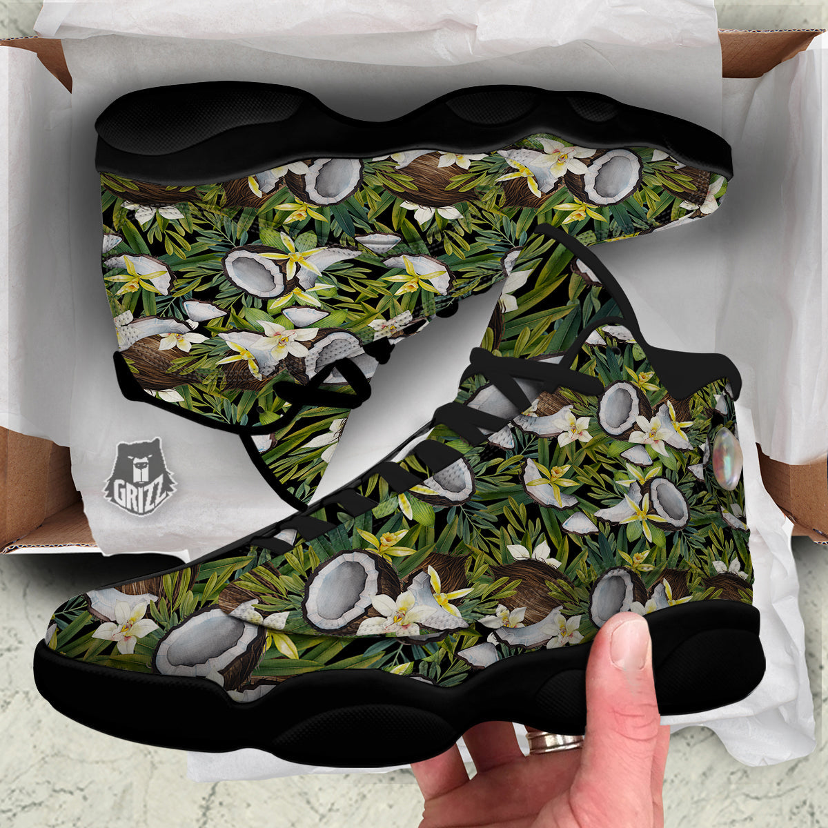 Coconut And Vanilla Flower Print Pattern Black Basketball Shoes-grizzshop