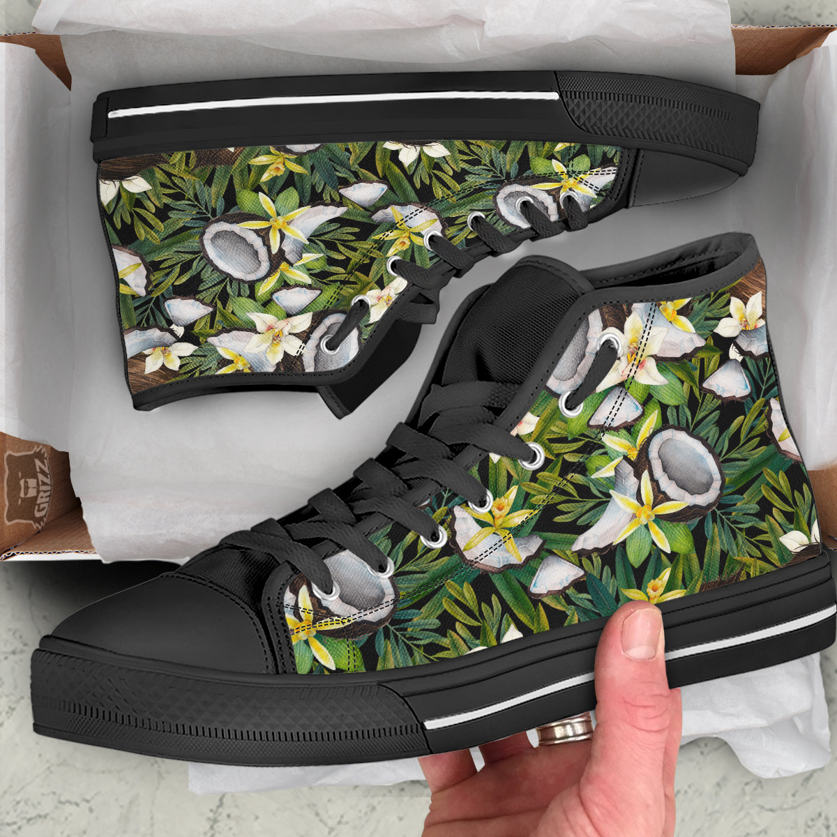 Coconut And Vanilla Flower Print Pattern Black High Top Shoes-grizzshop