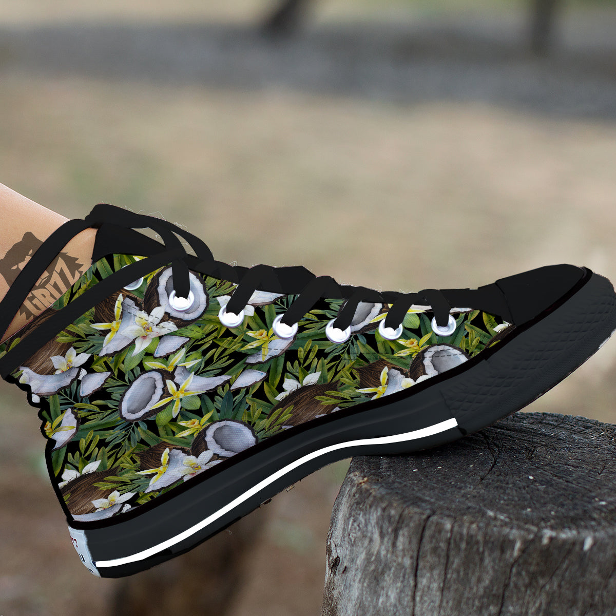 Coconut And Vanilla Flower Print Pattern Black High Top Shoes-grizzshop