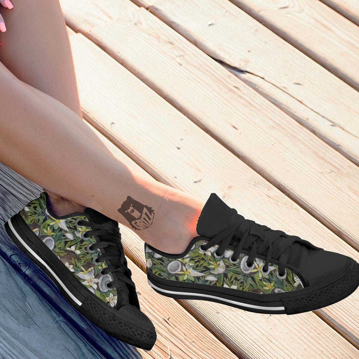 Coconut And Vanilla Flower Print Pattern Black Low Top Shoes-grizzshop