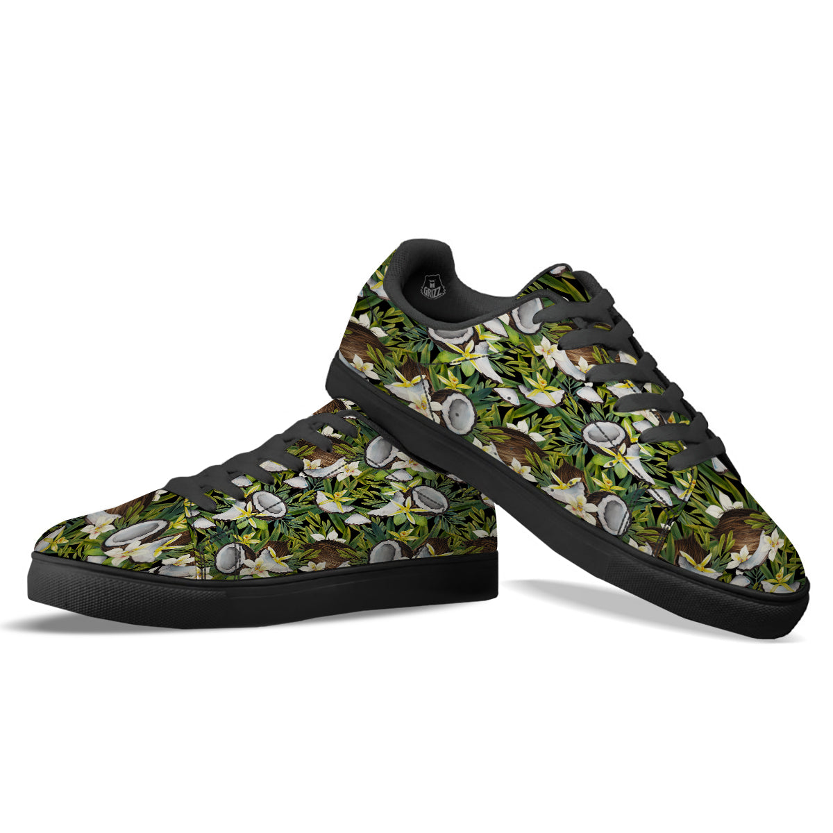 Coconut And Vanilla Flower Print Pattern Black Low Top Sneakers-grizzshop