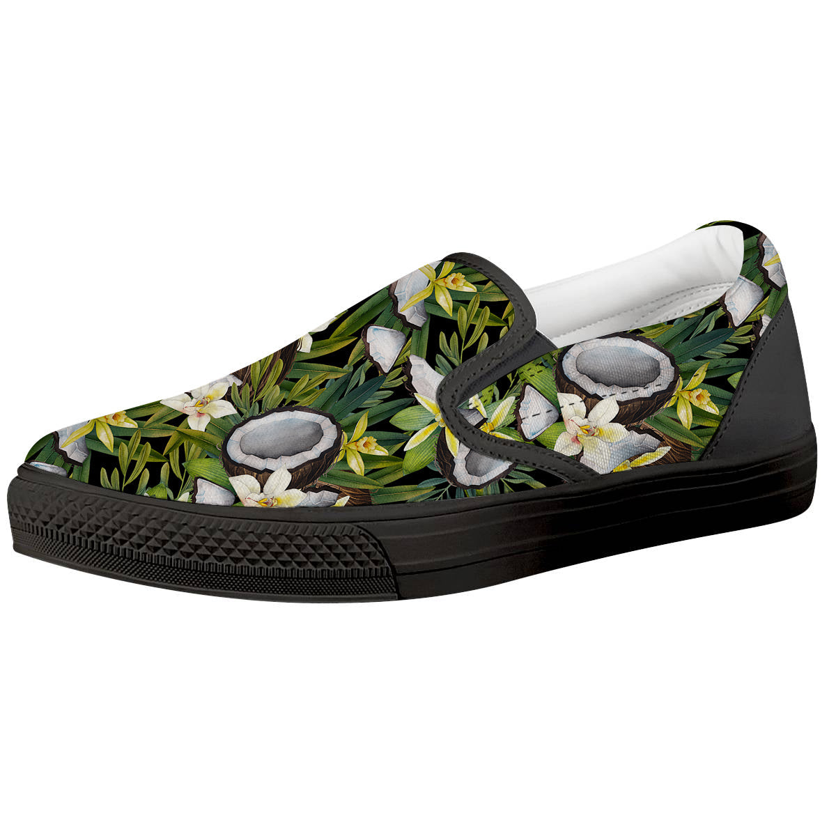 Coconut And Vanilla Flower Print Pattern Black Slip On Shoes-grizzshop