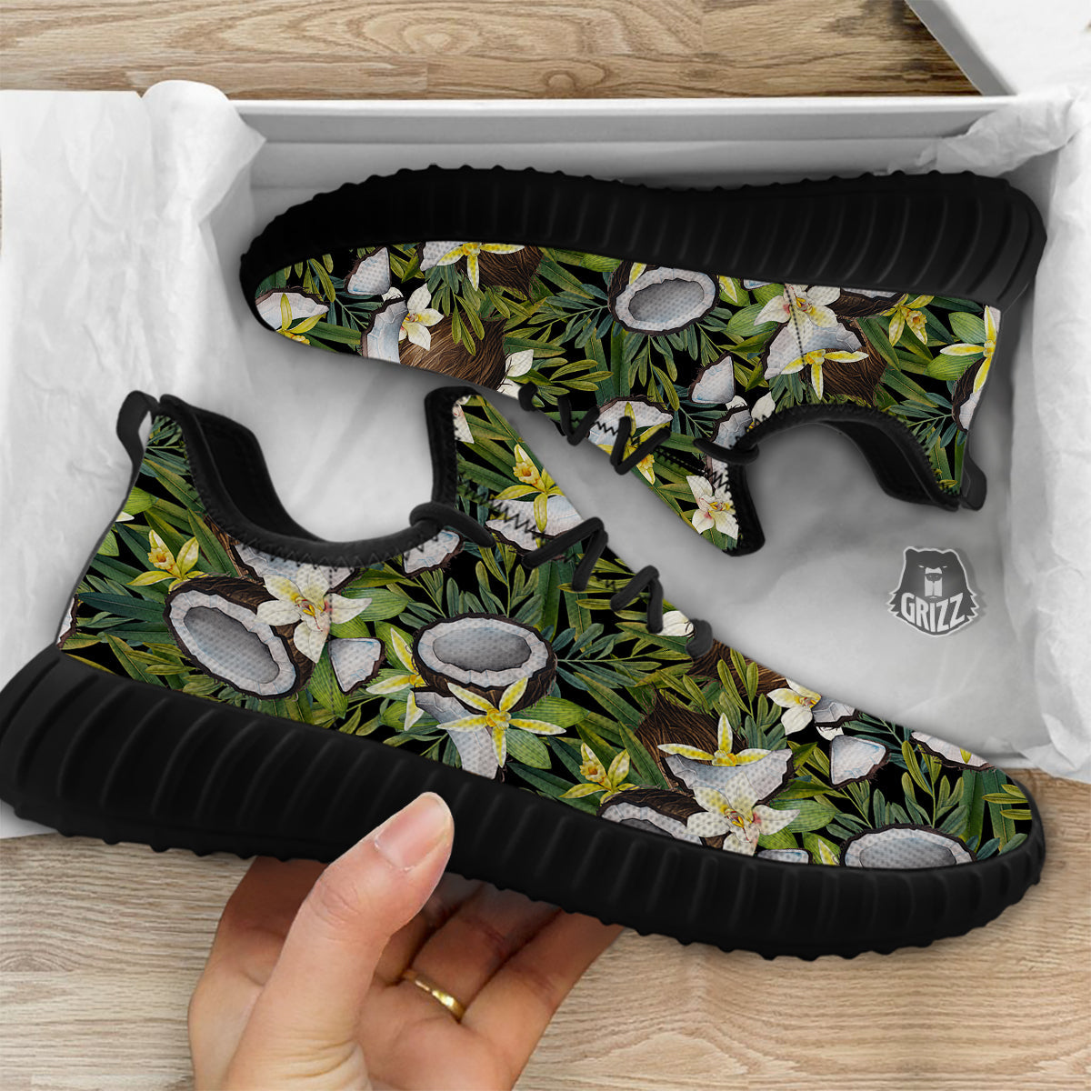 Coconut And Vanilla Flower Print Pattern Black Walking Shoes-grizzshop
