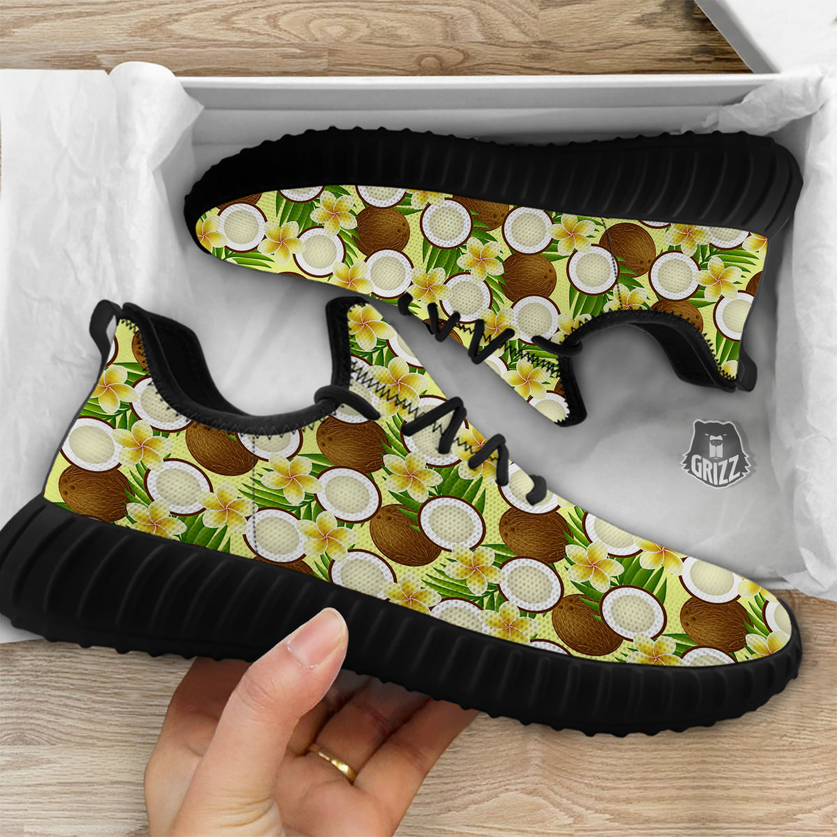 Coconut Beige Print Pattern Black Walking Shoes-grizzshop
