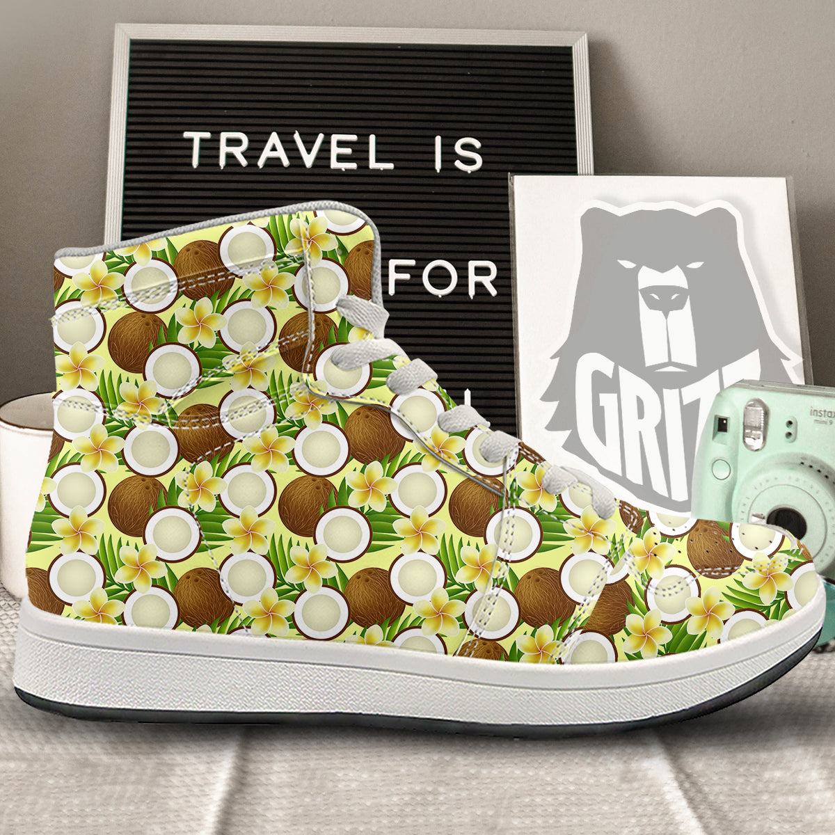 Coconut Beige Print Pattern High Top Sneakers-grizzshop