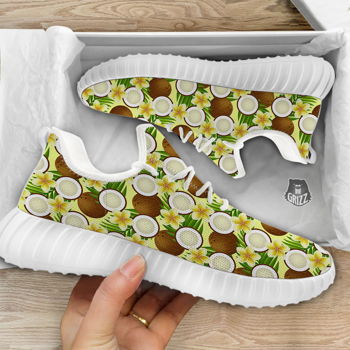 Coconut Beige Print Pattern White Walking Shoes-grizzshop