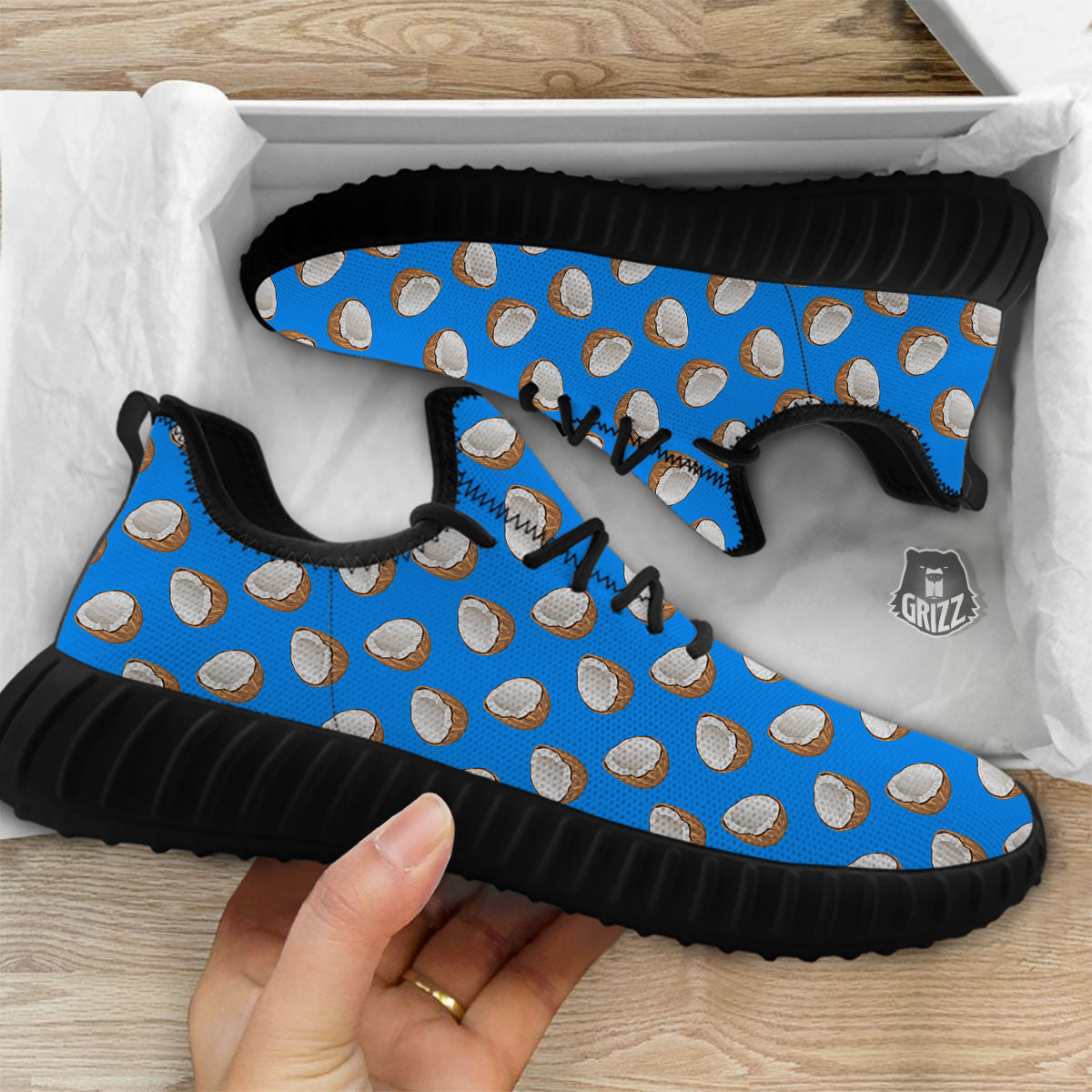 Coconut Blue Print Pattern Black Walking Shoes-grizzshop