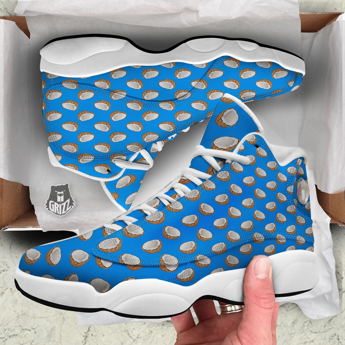 Coconut Blue Print Pattern White Basketball Shoes-grizzshop