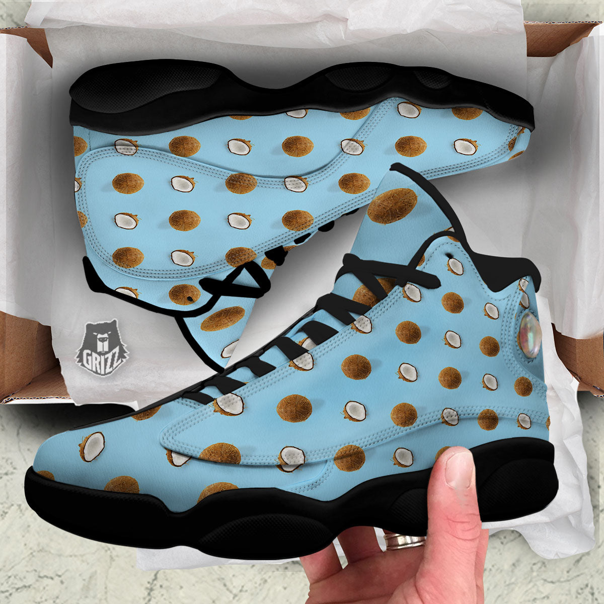 Coconut Blue Summer Print Pattern Black Basketball Shoes-grizzshop