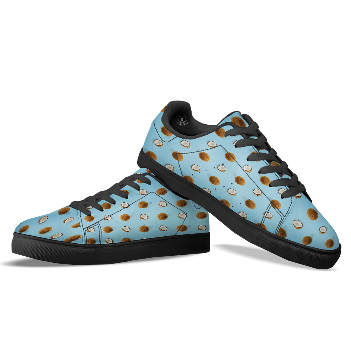 Coconut Blue Summer Print Pattern Black Low Top Sneakers-grizzshop