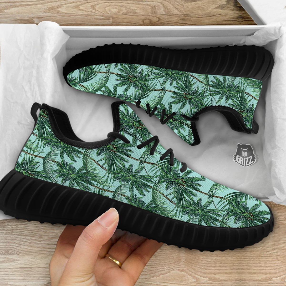 Coconut Leaf Print Black Walking Shoes-grizzshop