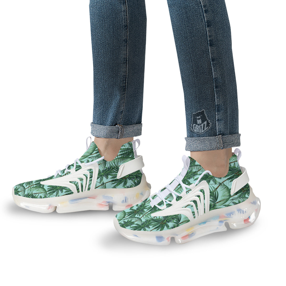 Coconut Leaf Print White Gym Shoes-grizzshop