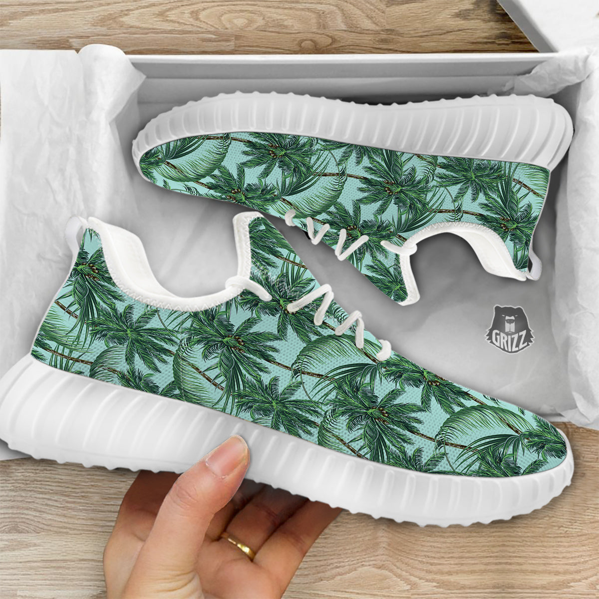 Coconut Leaf Print White Walking Shoes-grizzshop