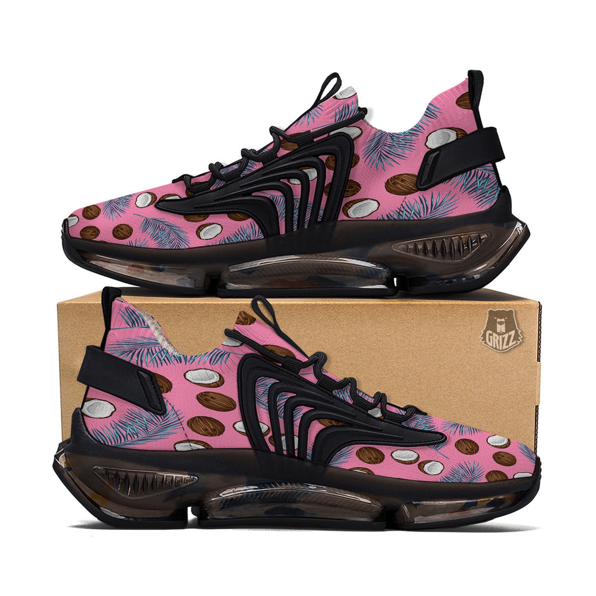 Coconut Pink And Palm Leaf Print Pattern Black Gym Shoes-grizzshop