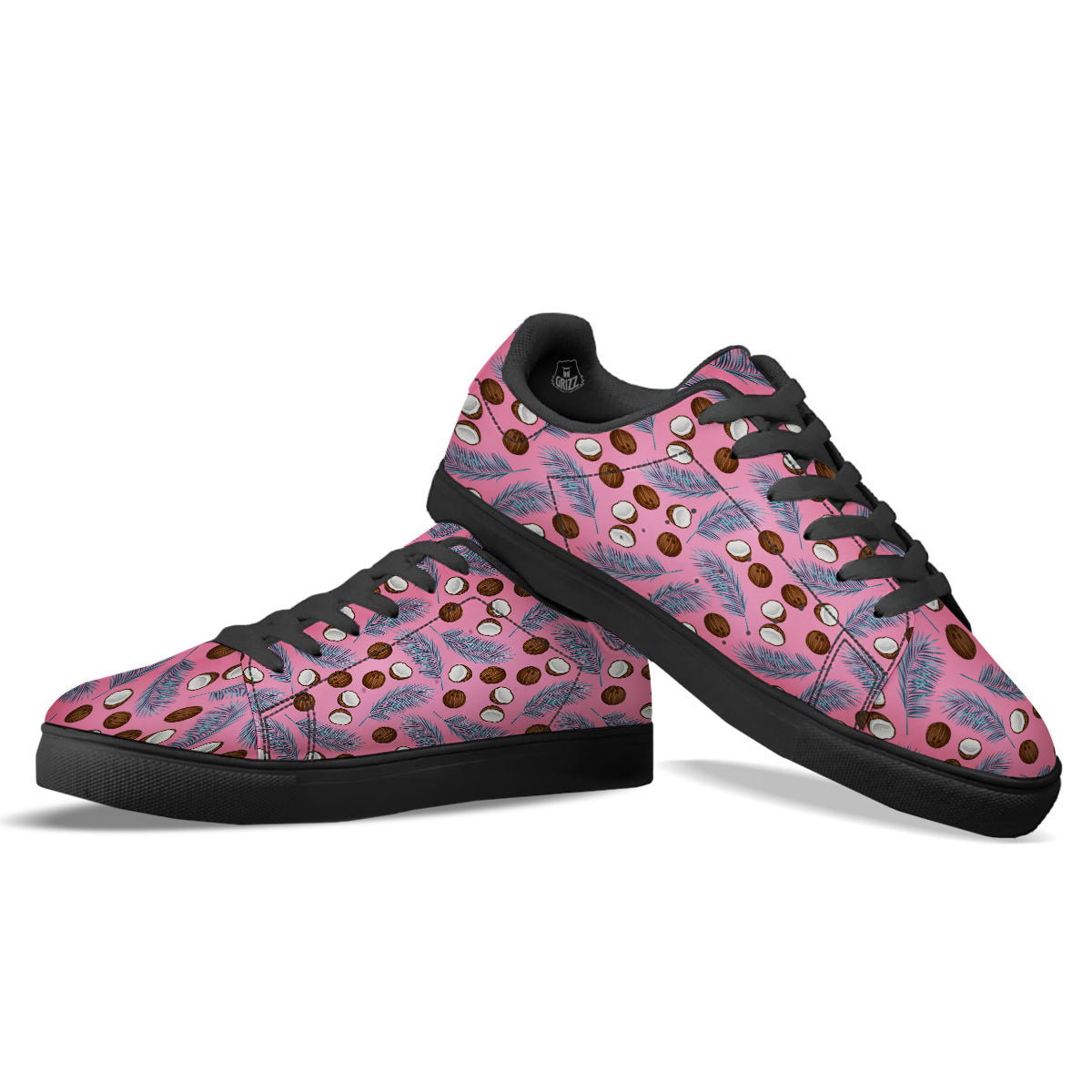 Coconut Pink And Palm Leaf Print Pattern Black Low Top Sneakers-grizzshop