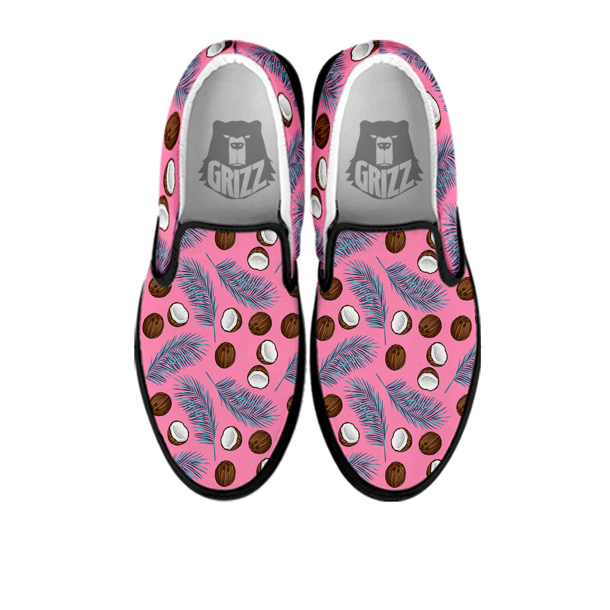 Coconut Pink And Palm Leaf Print Pattern Black Slip On Shoes-grizzshop