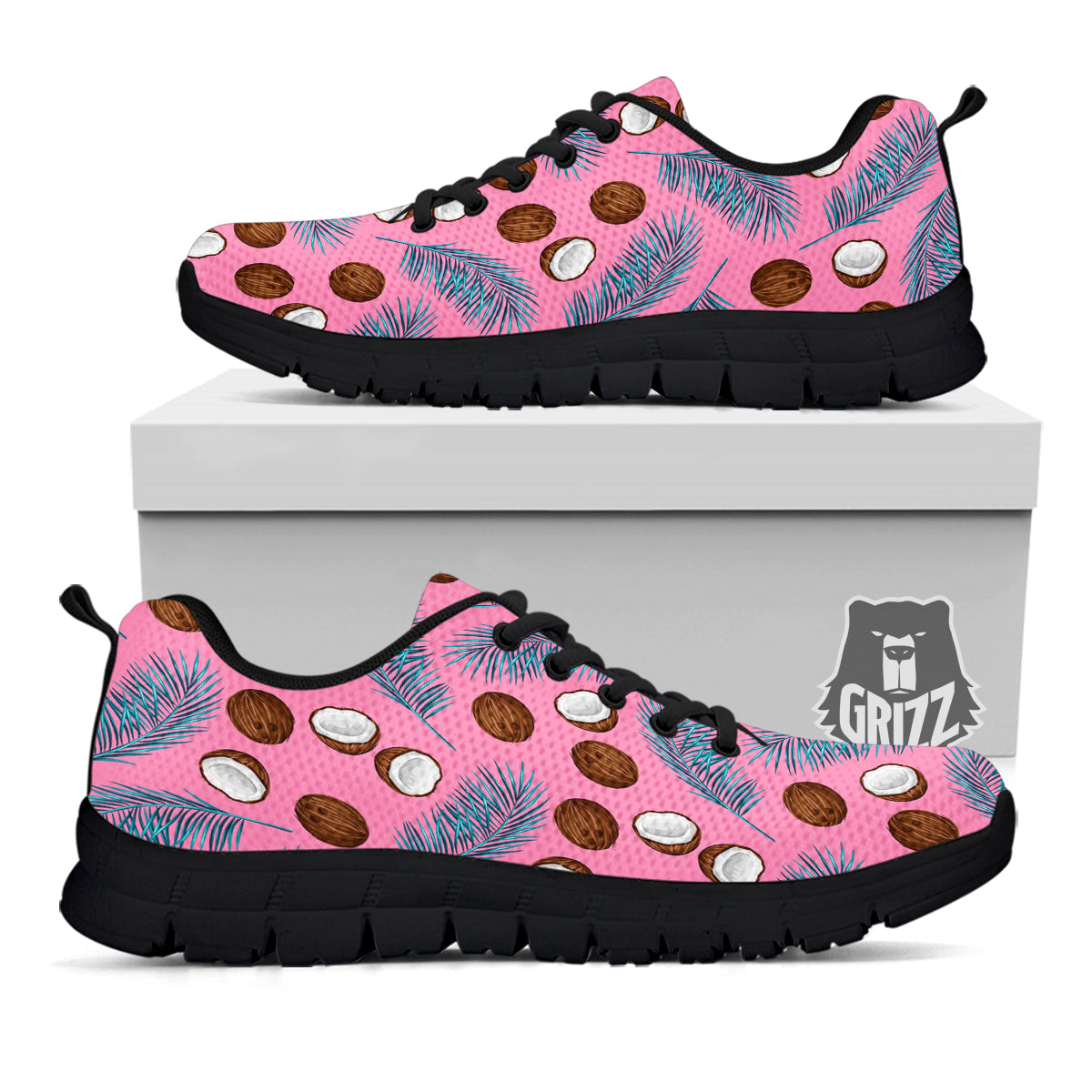 Coconut Pink And Palm Leaf Print Pattern Black Sneaker-grizzshop