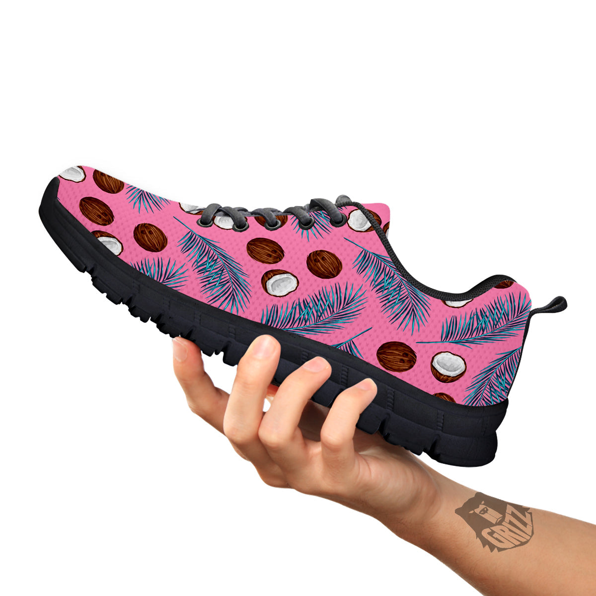 Coconut Pink And Palm Leaf Print Pattern Black Sneaker-grizzshop