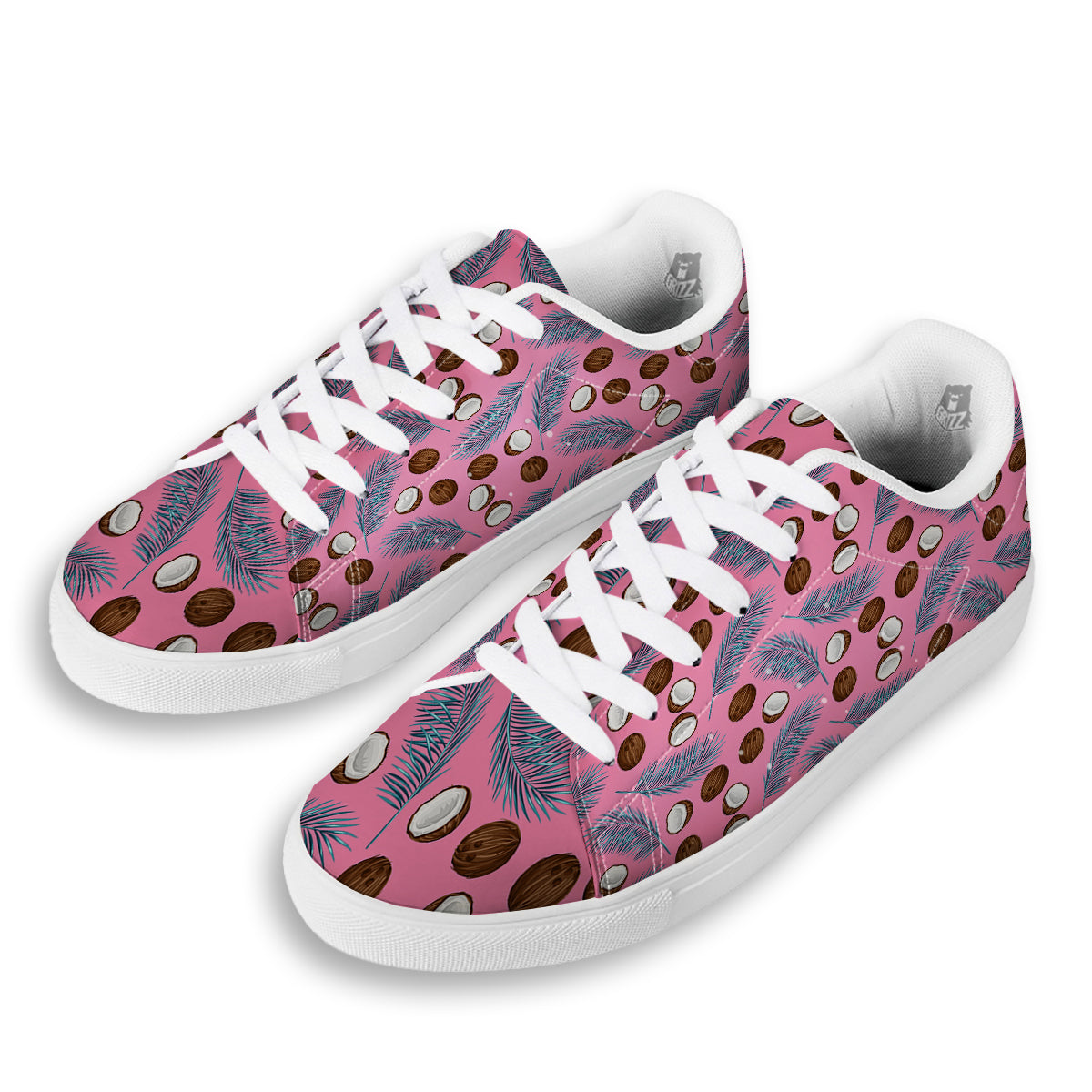 Coconut Pink And Palm Leaf Print Pattern White Low Top Sneakers-grizzshop