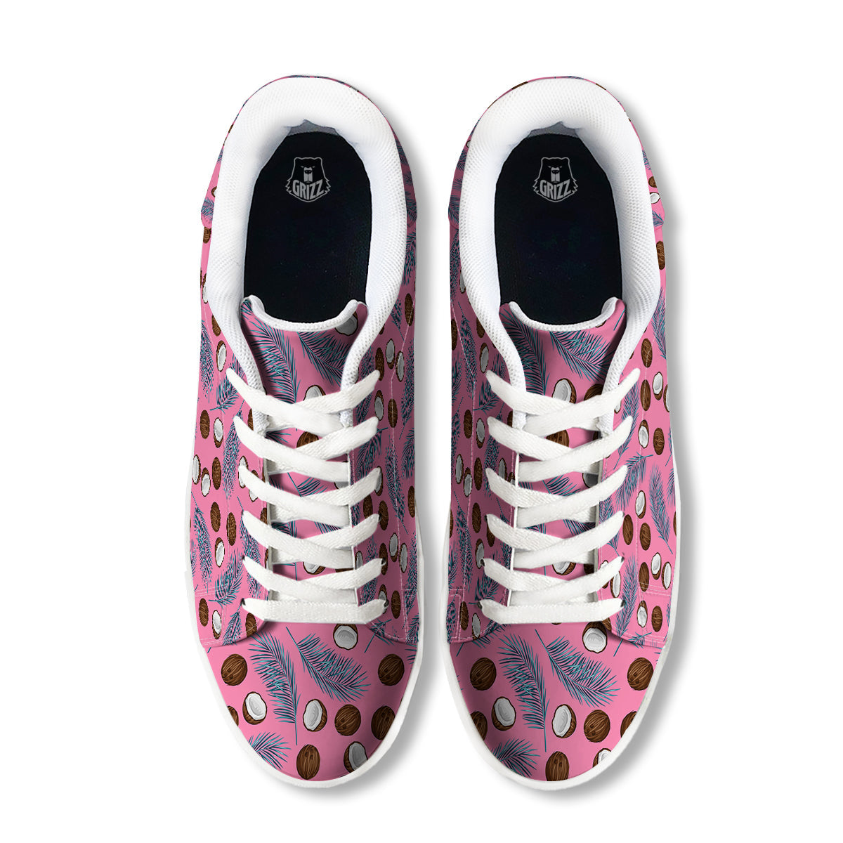 Coconut Pink And Palm Leaf Print Pattern White Low Top Sneakers-grizzshop