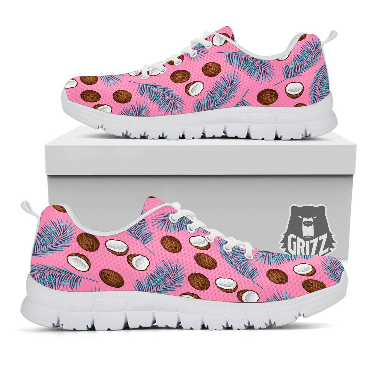 Coconut Pink And Palm Leaf Print Pattern White Sneaker-grizzshop